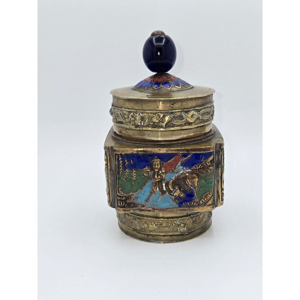 Antique Chinese Brass Enameled Tea Canister